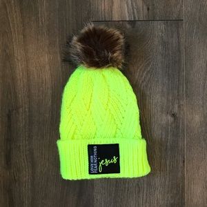 Neon Green Volt Jesus Pom Knit Beanie Hat